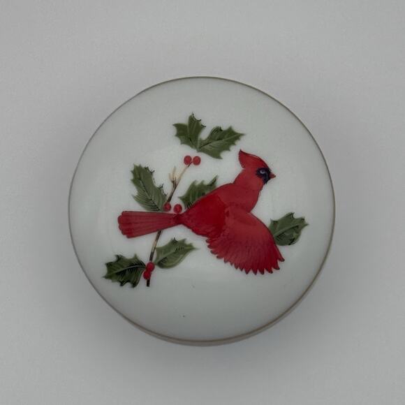 Vintage 1984 Lefton Bone China Cardinal Christmas Trinket Ring Box Container - Picture 1 of 7
